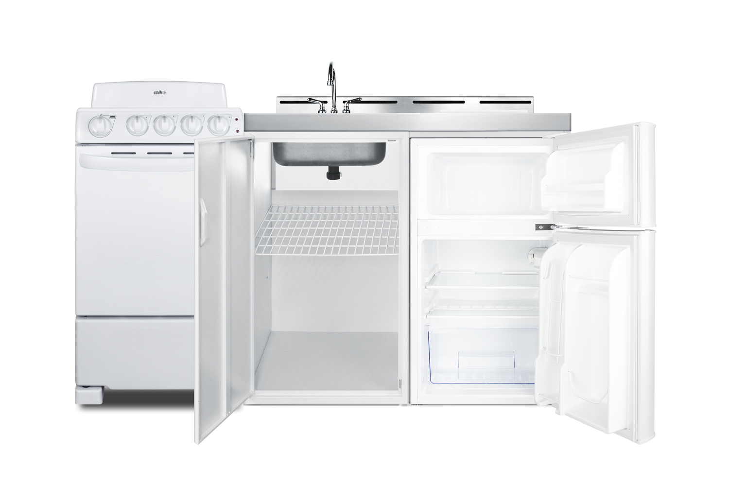 60 inch wide all-in-one kitchenette with 220V 4-element electric coil range, refrigerator-freezer, sink, cutting board and cutlery storage, and a storage cabinet